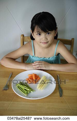 Little girl with plate of vegetables View Large Photo Image Stock Photo - Little girl with plate of vegetables. Fotosearch