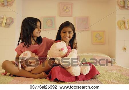 little girls with stuff bears on bed View Large Photo Image Stock Image - little girls with stuff bears on bed. Fotosearch