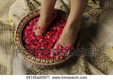 Stock Image - woman's feet soaking in rose petals and rose water. Fotosearch