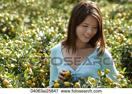 Stock Photo - Young woman among orange plants. Fotosearch