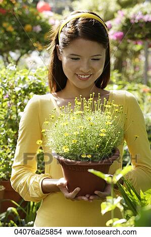 Young woman at nursery, holding potted plant View Large Photo Image Picture - Young woman at nursery, holding potted plant. Fotosearch
