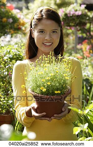 Young woman at nursery, holding potted plant View Large Photo Image Stock Image - Young woman at nursery, holding potted plant. Fotosearch