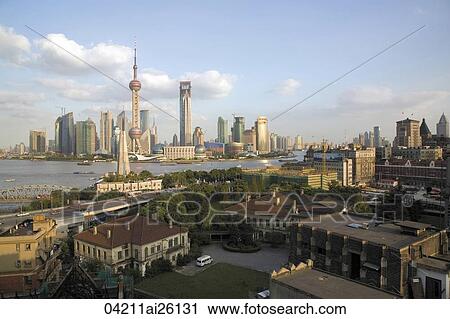 Stock Image - Bird's eye view of Pudong and Puxi from Sichuan Road C., Shanghai, P. R. China. Fotosearch