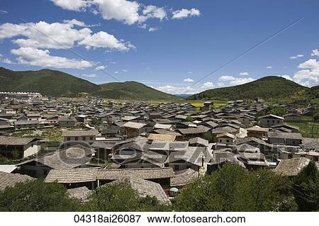Cityscape from Guishan Park, Old city, Shangri-la, China View Large Photo Image Stock Photo - Cityscape from Guishan Park, Old city, Shangri-la, China. Fotosearch