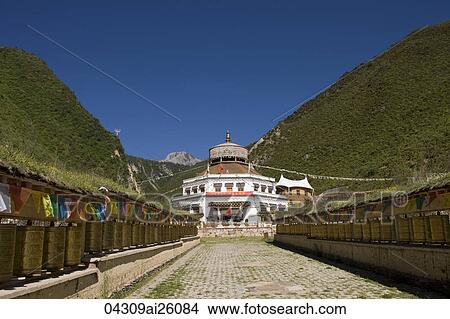 Prayer wheels alongside the approach to the temple, Blue Moon Valley, shangri la, shangrila, China View Large Photo Image Picture - Prayer wheels alongside the approach to the temple, Blue Moon Valley, shangri la, shangrila, China. Fotosearch