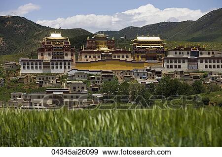 Songzanlin Temple from a distance, Shangri-la, China View Large Photo Image Stock Photo - Songzanlin Temple from a distance, Shangri-la, China. Fotosearch