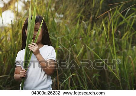 Stock Image - Young girl looking through leaves.. Fotosearch