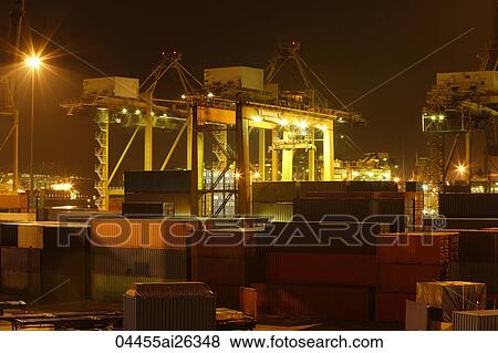 Night shot of shipping yard and containers, Singapore View Large Photo Image Stock Photo - Night shot of shipping yard and containers, Singapore. Fotosearch