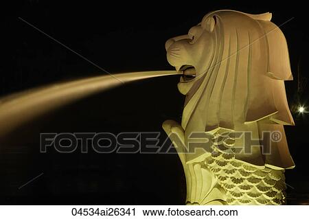 Night shot of Singapore Merlion. View Large Photo Image Stock Image - Night shot of Singapore Merlion.. Fotosearch