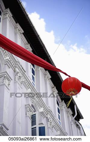 red lantern tied to red ribbon in front of building, View Large Photo Image Stock Image - red lantern tied to red ribbon in front of building,. Fotosearch
