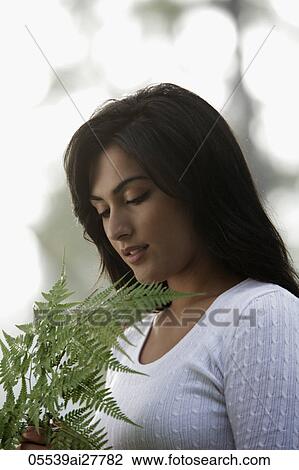 Back lit shot of young woman looking at a fern leaf View Large Photo Image Stock Image - Back lit shot of young woman looking at a fern leaf. Fotosearch