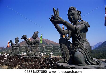 China, Hong Kong, Lantau, Chinese Goddess Statues at the Base of The Giant Buddha Statue at Po Lin Monastery View Large Photo Image Stock Image - China, Hong Kong, Lantau, Chinese Goddess Statues at the Base of The Giant Buddha Statue at Po Lin Monastery. Fotosearch