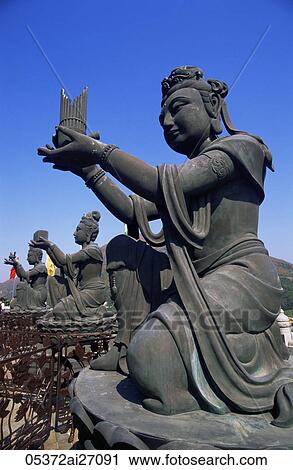 China, Hong Kong, Lantau, Chinese Goddess Statues at the Base of The Giant Buddha Statue at Po Lin Monastery View Large Photo Image Stock Image - China, Hong Kong, Lantau, Chinese Goddess Statues at the Base of The Giant Buddha Statue at Po Lin Monastery. Fotosearch