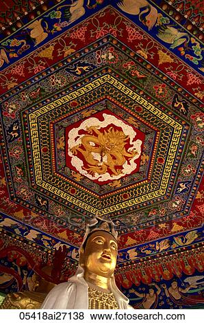 Stock Photo - China, Hong Kong, New Territories, Sha Tin, Ten Thousand Buddha Monastery, This monastery has over 12, 800 Buddha Statues, Roof Detail and Statue of the Goddess of Mercy. Fotosearch