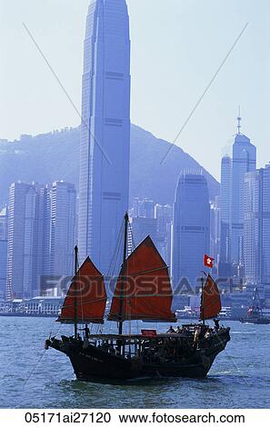 China, Hong Kong, Victoria Harbour, Junk and City Skyline in Background View Large Photo Image Stock Image - China, Hong Kong, Victoria Harbour, Junk and City Skyline in Background. Fotosearch