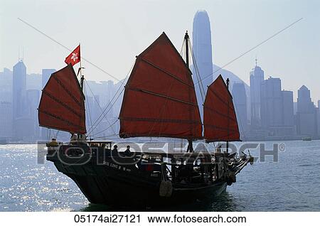 China, Hong Kong, Victoria Harbour, Tourists on Junk and City Skyline in Background View Large Photo Image Stock Image - China, Hong Kong, Victoria Harbour, Tourists on Junk and City Skyline in Background. Fotosearch