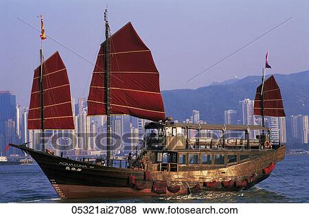 China, Hong Kong, Victoria Harbour, Junk and City Skyline in Background View Large Photo Image Stock Photo - China, Hong Kong, Victoria Harbour, Junk and City Skyline in Background. Fotosearch