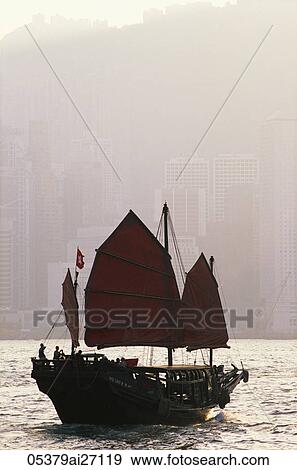 Stock Photo - China, Hong Kong, Victoria Harbour, Junk and City Skyline in Background. Fotosearch
