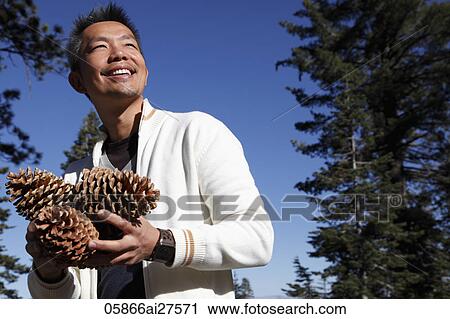 Chinese man holding pine cones outside View Large Photo Image Stock Image - Chinese man holding pine cones outside. Fotosearch