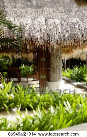 Picture - interior of thatched roof building. Fotosearch