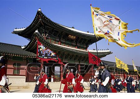 Korea, Seoul, Gyeongbokgung Palace, Changing of the Guard Ceremony View Large Photo Image Stock Photograph - Korea, Seoul, Gyeongbokgung Palace, Changing of the Guard Ceremony. Fotosearch