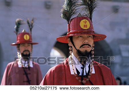 Korea, Seoul, Gyeongbokgung Palace, Portrait of Ceremonial Guard in Traditional Costume View Large Photo Image Stock Photography - Korea, Seoul, Gyeongbokgung Palace, Portrait of Ceremonial Guard in Traditional Costume. Fotosearch