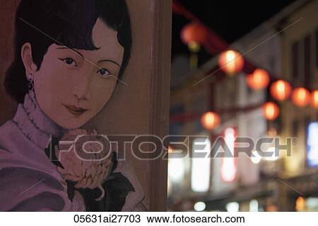 Poster of Chinese woman's face on wall with lanterns in background View Large Photo Image Stock Image - Poster of Chinese woman's face on wall with lanterns in background. Fotosearch