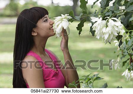 profile of young woman smelling flowers outside View Large Photo Image Stock Image - profile of young woman smelling flowers outside. Fotosearch