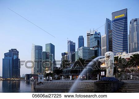 Singapore, Merlion Statue and City Skyline View Large Photo Image Stock Photography - Singapore, Merlion Statue and City Skyline. Fotosearch