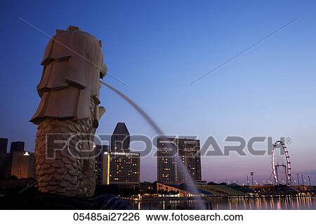 Stock Photograph - Singapore, Merlion Statue and Marina Bay. Fotosearch