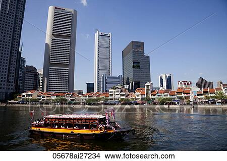 Singapore, Tour Boats on Singapore River and City Skyline View Large Photo Image Picture - Singapore, Tour Boats on Singapore River and City Skyline. Fotosearch