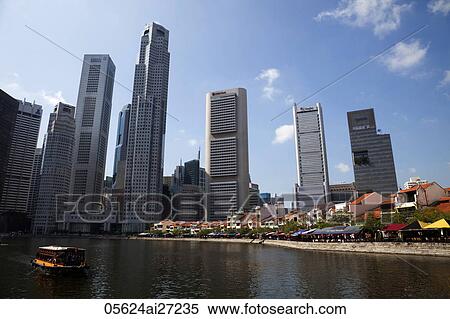 Singapore, Tour Boats on Singapore River and City Skyline View Large Photo Image Stock Photography - Singapore, Tour Boats on Singapore River and City Skyline. Fotosearch