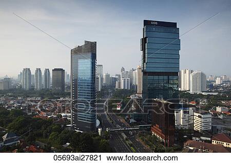 Stock Image - Skyline of skyscrapers along Jalan Jend Sudirman, Jakarta, Indonesia. Fotosearch