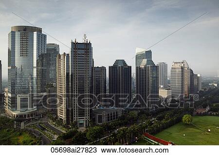 Stock Image - Skyscrapers along Jalan Jend Sudirman-Senayan, including Jakarta stock exchange building. Fotosearch