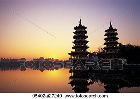 Stock Photo - Taiwan, Kaohsiung, Lotus Lake, Dragon and Tiger Pagodas. Fotosearch