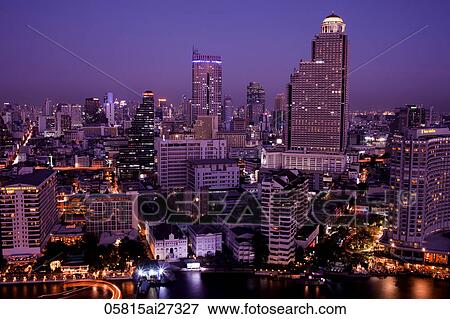 Stock Photo - Thailand, Bangkok, City Skyline and Chao Phraya River. Fotosearch