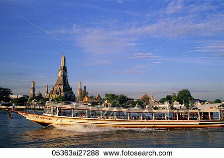 Stock Photo - Thailand, Bangkok, River Bus in front of Wat Arun. Fotosearch