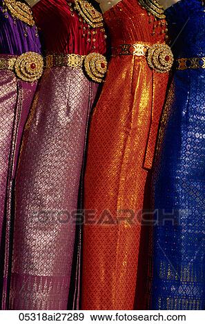 Stock Photo - Thailand, Bangkok, Traditional Silk Dresses. Fotosearch
