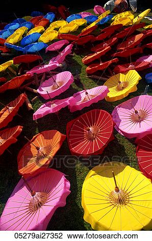 Stock Image - Thailand, Chiang Mai, Borsang Umbrella Village, Umbrellas. Fotosearch