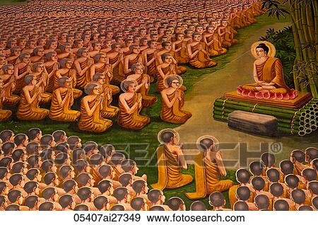 Stock Photo - Thailand, Chiang Mai, Lamphun, Wat Haripunchai, Wall Mural depicting Life of Buddha. Fotosearch