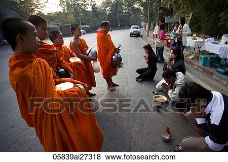 Thailand, Chiang Mai, Monks Receiving Offerings of Food View Large Photo Image Stock Photo - Thailand, Chiang Mai, Monks Receiving Offerings of Food. Fotosearch