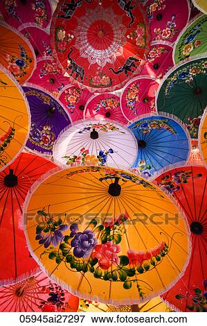 Thailand, Chiang Mai, Umbrella Display at Borsang Village View Large Photo Image Stock Photo - Thailand, Chiang Mai, Umbrella Display at Borsang Village. Fotosearch