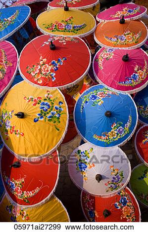 Stock Photo - Thailand, Chiang Mai, Umbrella Display at Borsang Village. Fotosearch