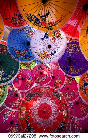 Thailand, Chiang Mai, Umbrella Display at Borsang Village View Large Photo Image Stock Photo - Thailand, Chiang Mai, Umbrella Display at Borsang Village. Fotosearch