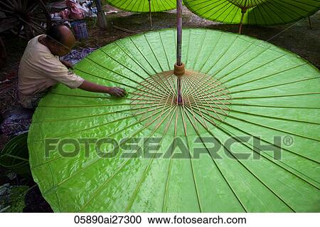 Stock Image - Thailand, Chiang Mai, Umbrella Making at Borsang Village. Fotosearch