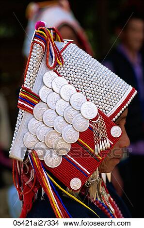 Thailand, Chiang Rai, Akha Hilltribe Woman Wearing Traditional Silver Headpiece View Large Photo Image Picture - Thailand, Chiang Rai, Akha Hilltribe Woman Wearing Traditional Silver Headpiece. Fotosearch