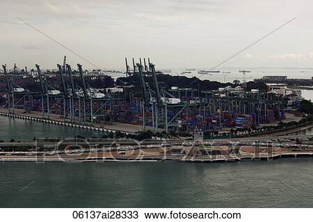Stock Image - Ariel view of shipping yard, Marina Bay Singapore. Fotosearch