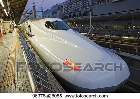 Stock Photography - Bullet train (Shinkansen) stopped in station, Japan. Fotosearch