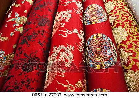 Stock Photo - China, Beijing, The Silk Market, Detail of Silk Fabrics. Fotosearch