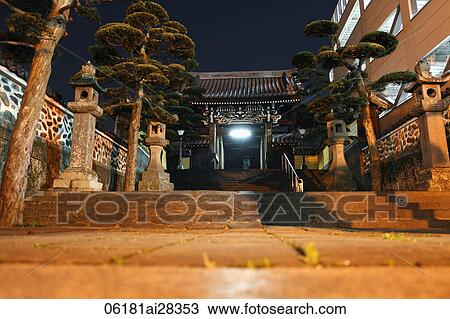 Entrance to Buddhist temple at night, Japan View Large Photo Image Stock Image - Entrance to Buddhist temple at night, Japan. Fotosearch